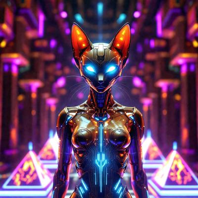 The primary subject of the image is a futuristic robotic cat, which is the main focus of the scene. The setting is a futuristic environment, possibly a space station or a futuristic city, with a backdrop of purple and orange lights. The visual style of the image is digital art, as it appears to be a computer-generated or digitally rendered image. The dominant colors in the image are purple and orange, creating a futuristic and vibrant atmosphere.